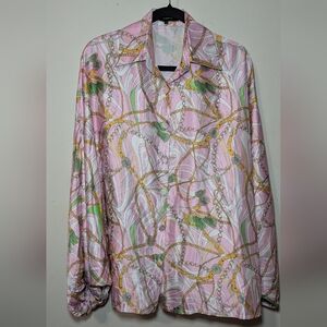 BeulahStyle Baroque Satin Button-up Shirt Pink Gold Green Women's One Size